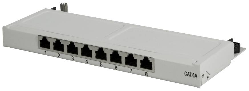 Et 8-ports keystone-patchpanel mærket 'CAT.6A', egnet til netværksforbindelser, set forfra.