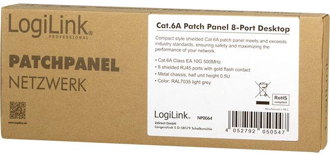 Kartonemballage til LogiLink Cat.6A Patch Panel med 8 porte. Etiketter fremhæver specifikationer som Klasse EA, 10G, 500MHz, grå farve.
