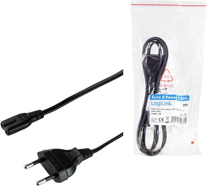 Et Euro 8 strømkabel fra LogiLink, pakket i en plastikemballage. Kablet har en Europlug og et topolet stik.