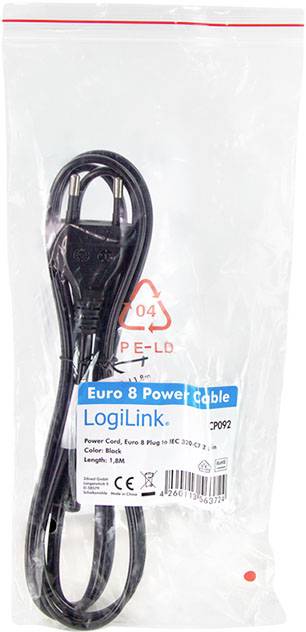 Et sort Euro-8-strømkabel i en gennemsigtig emballage fra LogiLink. Kabellængde: 1,8 m. Egnet til elektriske apparater.