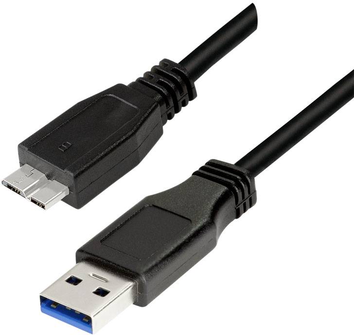 Et sort USB-kabel, bestående af en USB-A-stik og en Micro-USB-stik, på hvid baggrund.