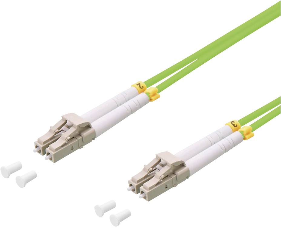 To Danish:<br><br>'To grønne glasfiberkabler med hvide og beige stikforbindere. Hvert kabel har et beskyttelsesdæksel og er mærket med et gult nummer.'