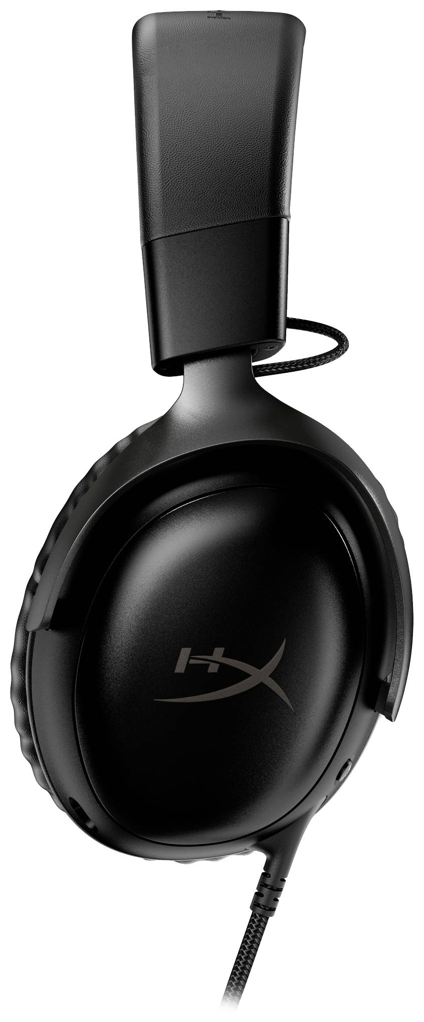 Sort kabelført høretelefon set fra siden. HyperX-logoet er synligt på ørekoppen.