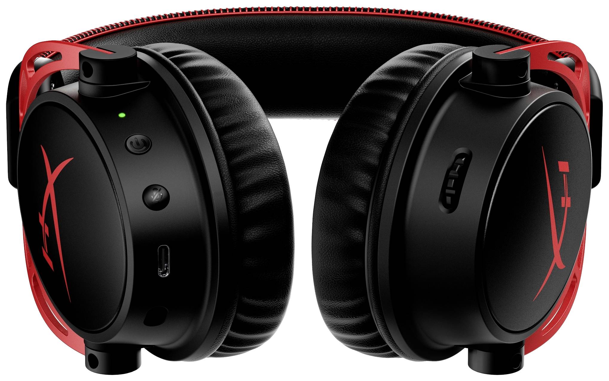 Et par sorte og røde høretelefoner med over-ear design, lukkede ørekapper og polstret hovedbøjle.
