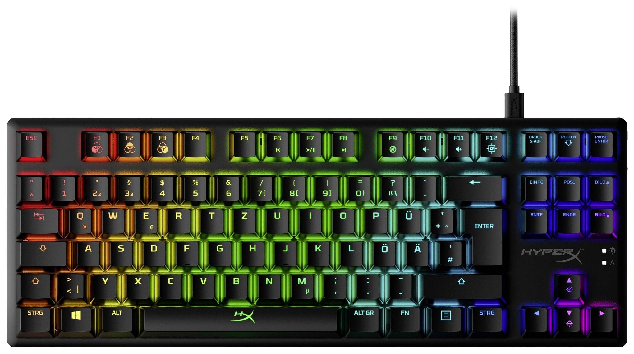 Sort gaming-tastatur med farverige, lysende taster, standard tysk QWERTZ-layout, kabelforbundet.