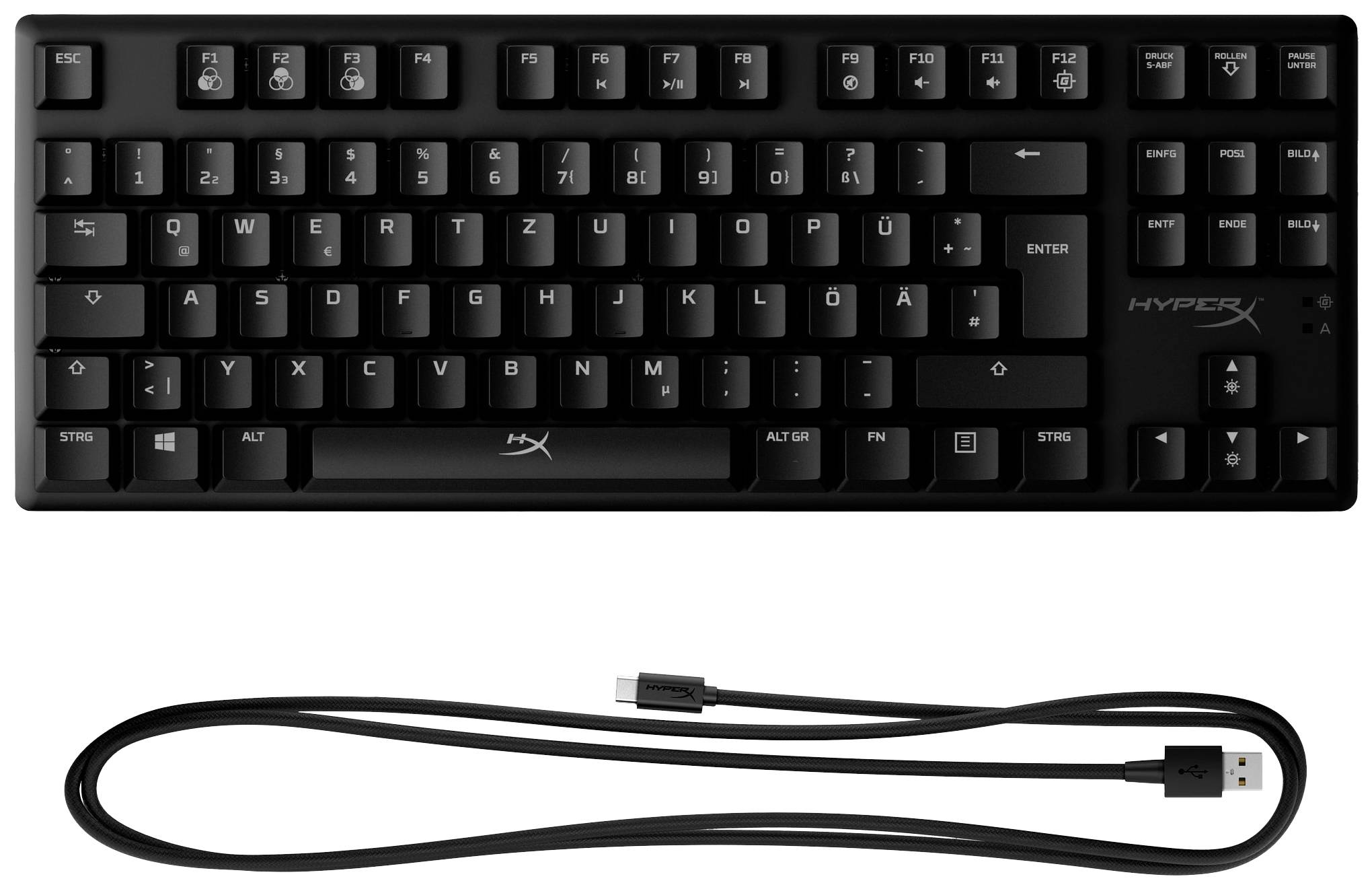Et mekanisk HyperX-tastatur med dansk QWERTZ-layout og tilhørende USB-kabel.