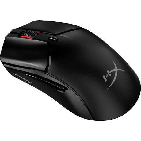 Trådløs sort gaming-mus med røde detaljer og ergonomisk design. Den viser varemærkelogoer på siden og på overfladen.