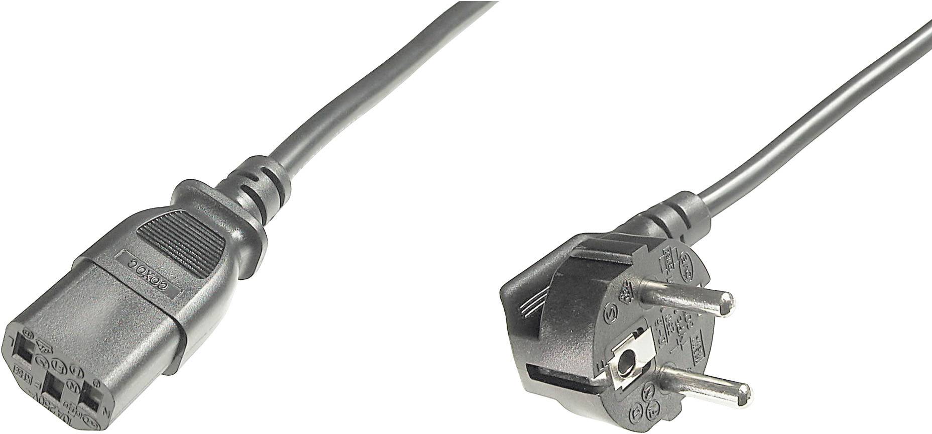 Et IEC-C13-netledning med en tysk Schuko-stik på den ene side og et trepolet stik på den anden side.