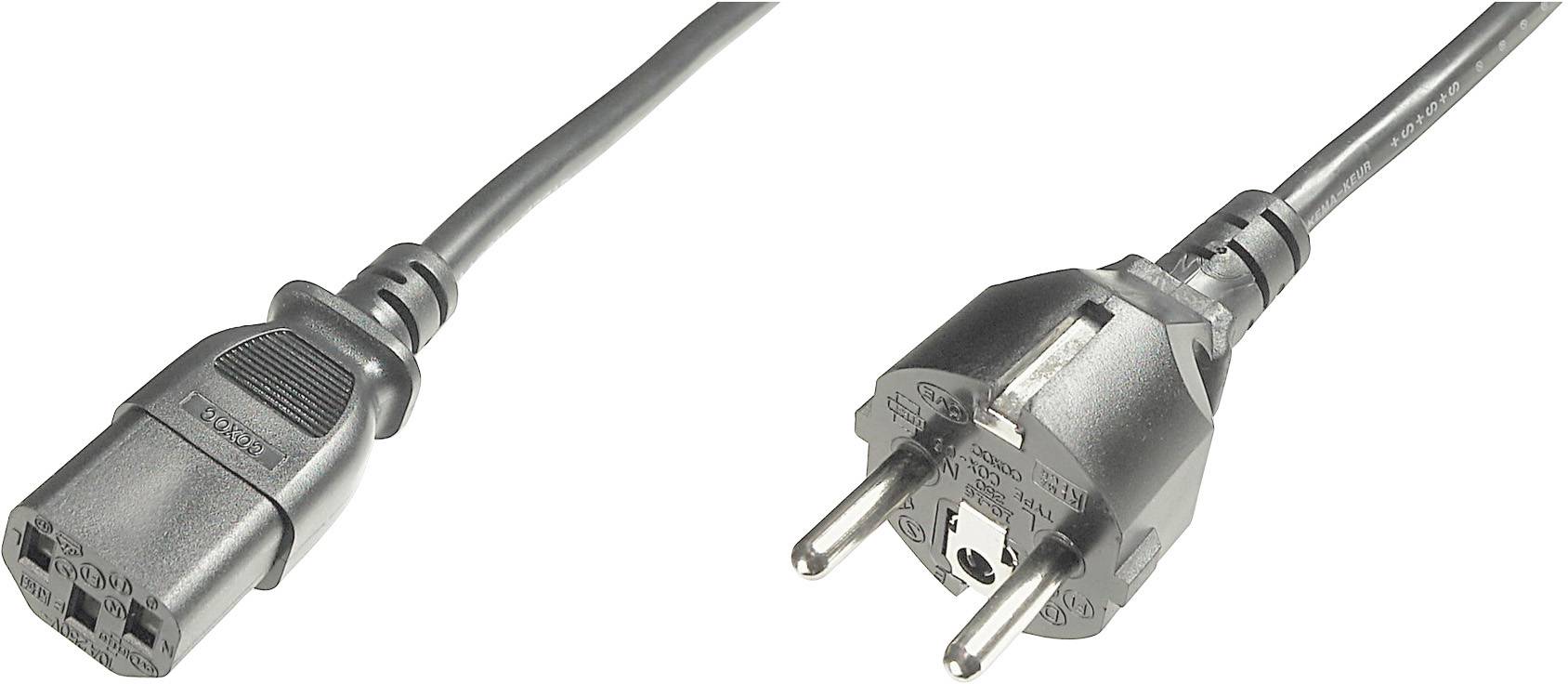 Netledning med et IEC-C13-stik til venstre og et Schuko-stik til højre. Forbindelseskabel til elektroniske enheder.