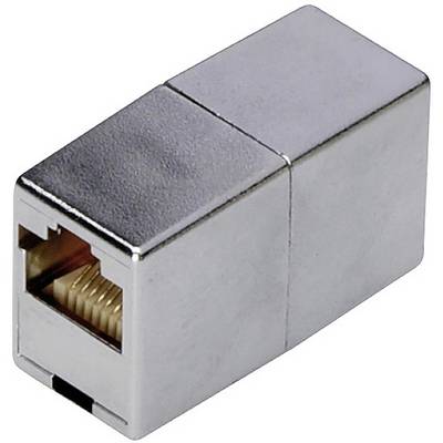 En sølvfarvet RJ45-netværksadapter, der forbinder to Ethernet-kabler, på hvid baggrund.