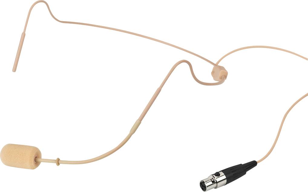 Hudfarvet headset-mikrofon med ørebøjle og svanehalset arm, forbindelseskabel ender i en metalstik, egnet til scenebrrug.