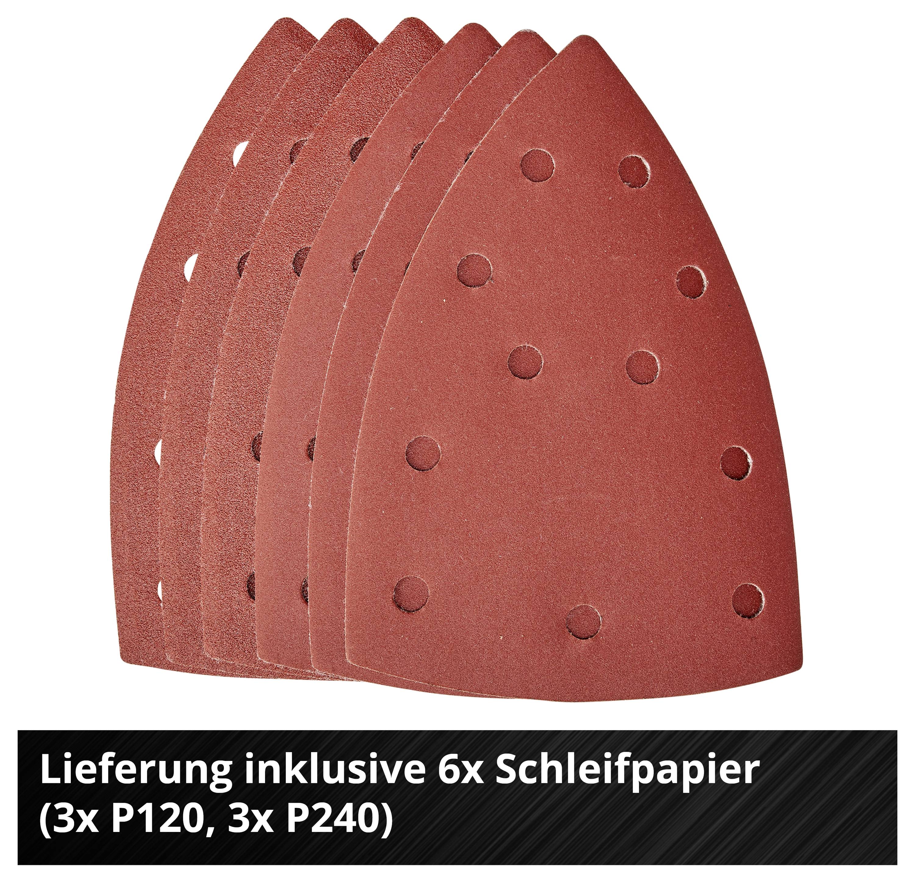 Seks røde slibepapirark i form af et strygejern. Påskrift nederst: 'Levering inklusive 6x slibepapir (3x P120, 3x P240)'.