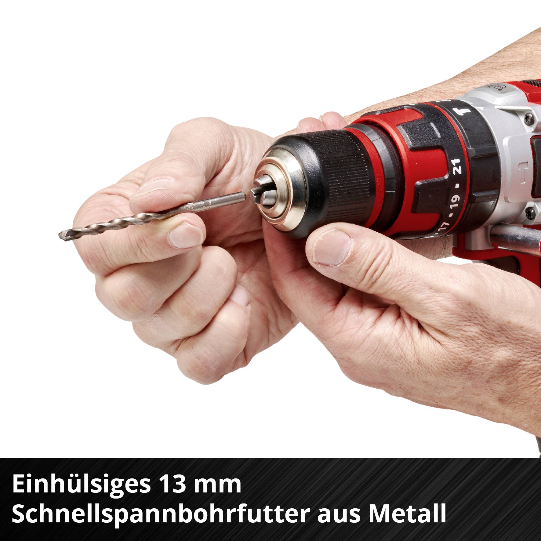 En hånd holder en boremaskine med et enkeltløs hurtigspændebatteri. Tekst ved billedkanten lyder 'Enkeltløs 13 mm metalspændepatron'.