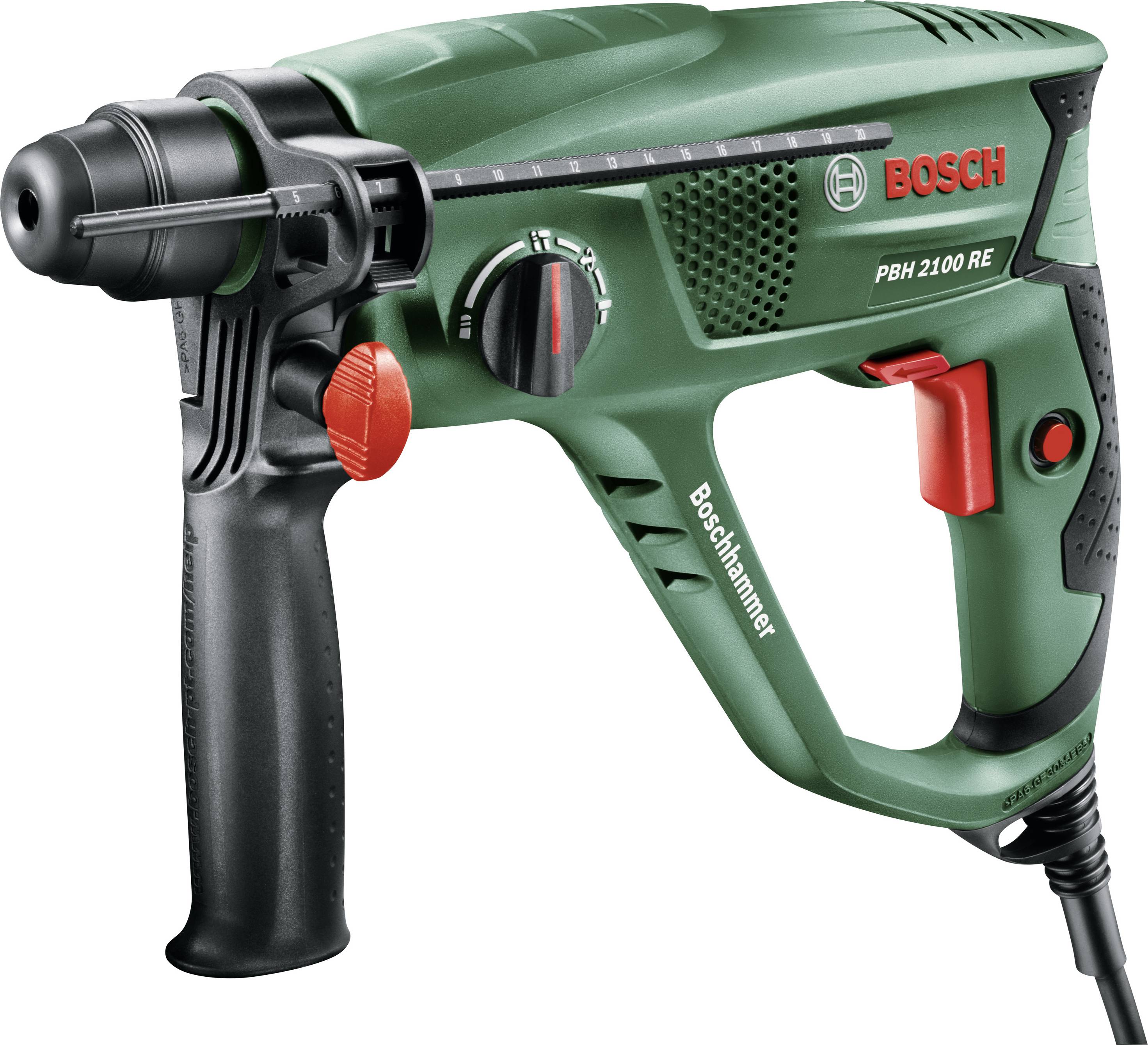 En grøn Bosch borehammer med rød og sort greb, model PBH 2100 RE, til boring og mejsling i gør-det-selv-projekter.
