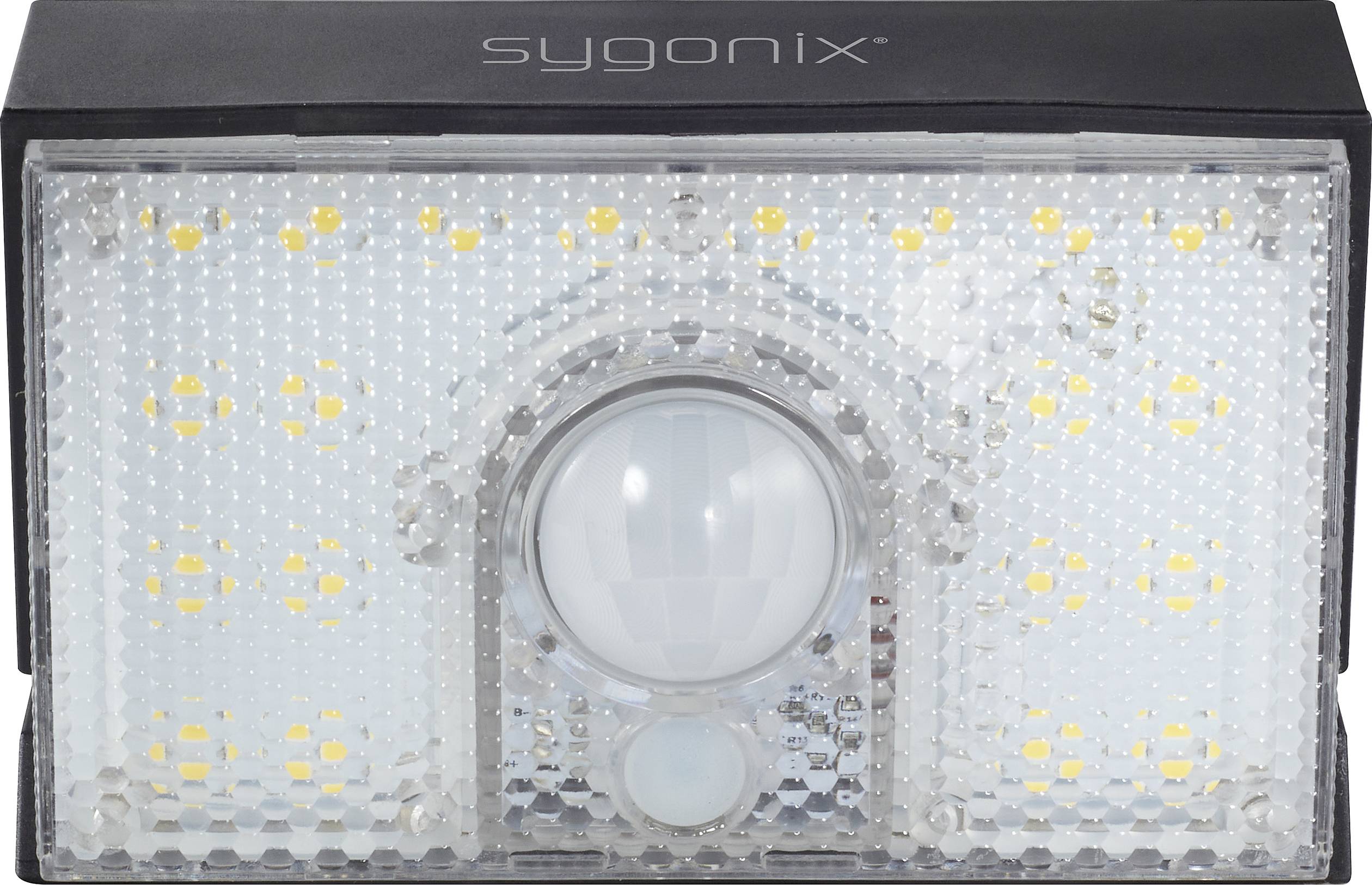Bevægelsesdetektor med LED-lys, design af sygonix, rektangulær med sort kant og struktureret lysende felt, til udendørs montering.