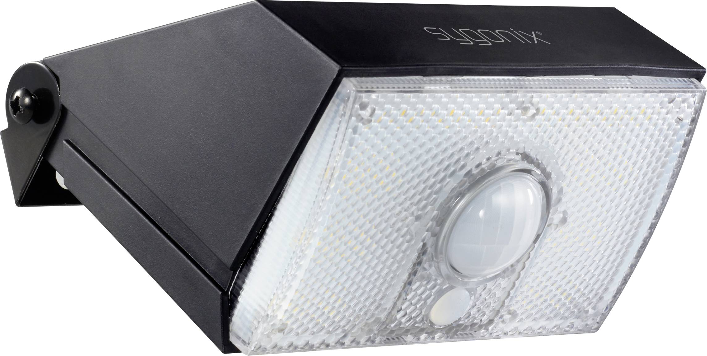 Sort LED-udendørslampe med bevægelsessensor, egnet til vægmontering. Energibesparende og vejrbestandig.