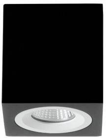En firkantet sort loftslampe med en central rund LED-pære.