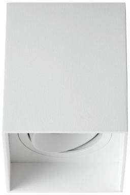Hvid loftlampe med rektangulært hus og rund, justerbar lampeenhed. Minimalistisk design.