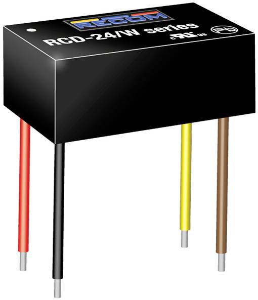 Elektronisk komponent: Sort RCD-24/N spændingsomformer med fire farvede tilslutningsstik (rød, sort, gul, brun).