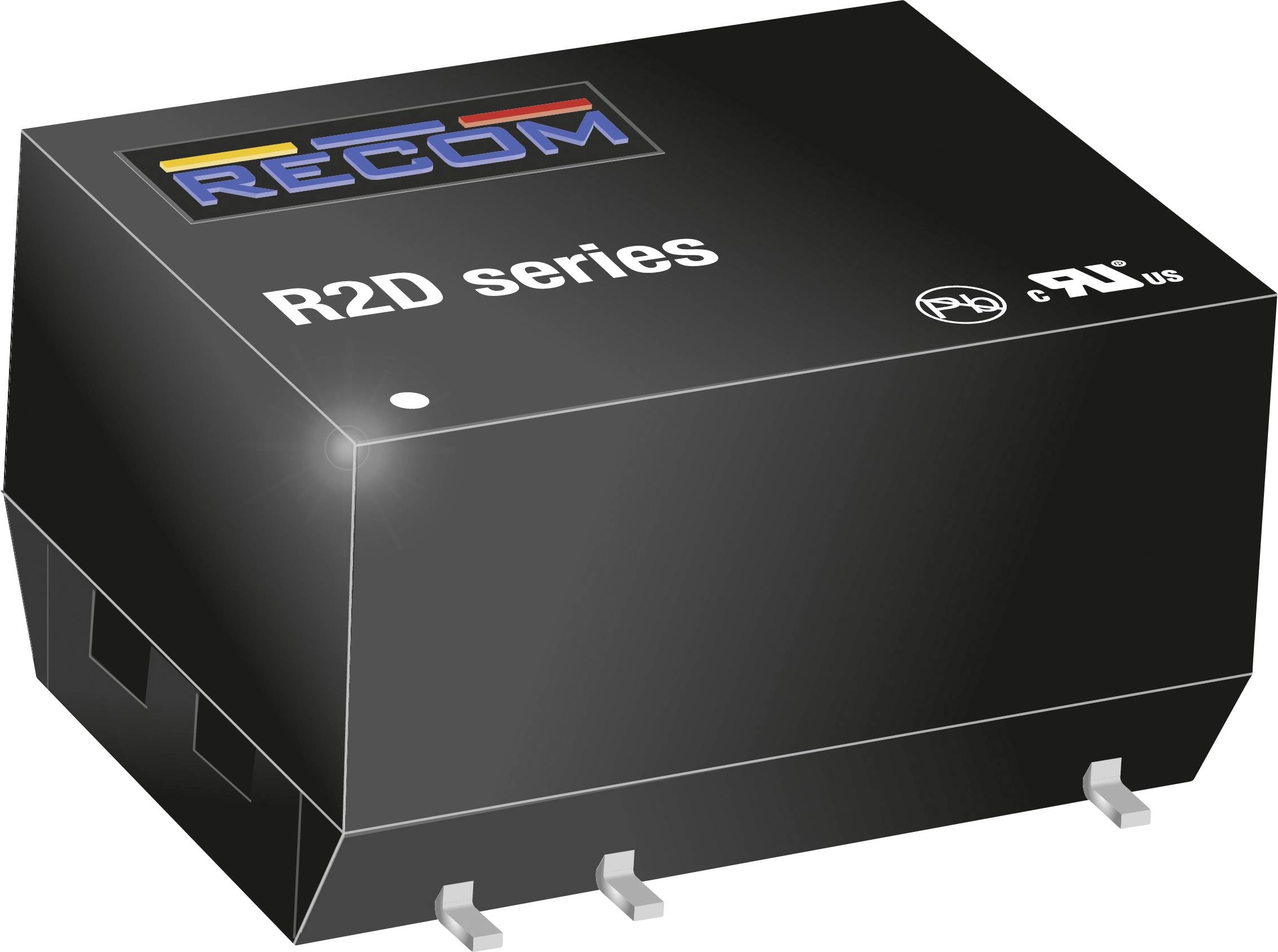 Sort elektronikmodul med påskriften 'RECOM R2D serie', viser produkt- og mærkebetegnelse på overfladen.