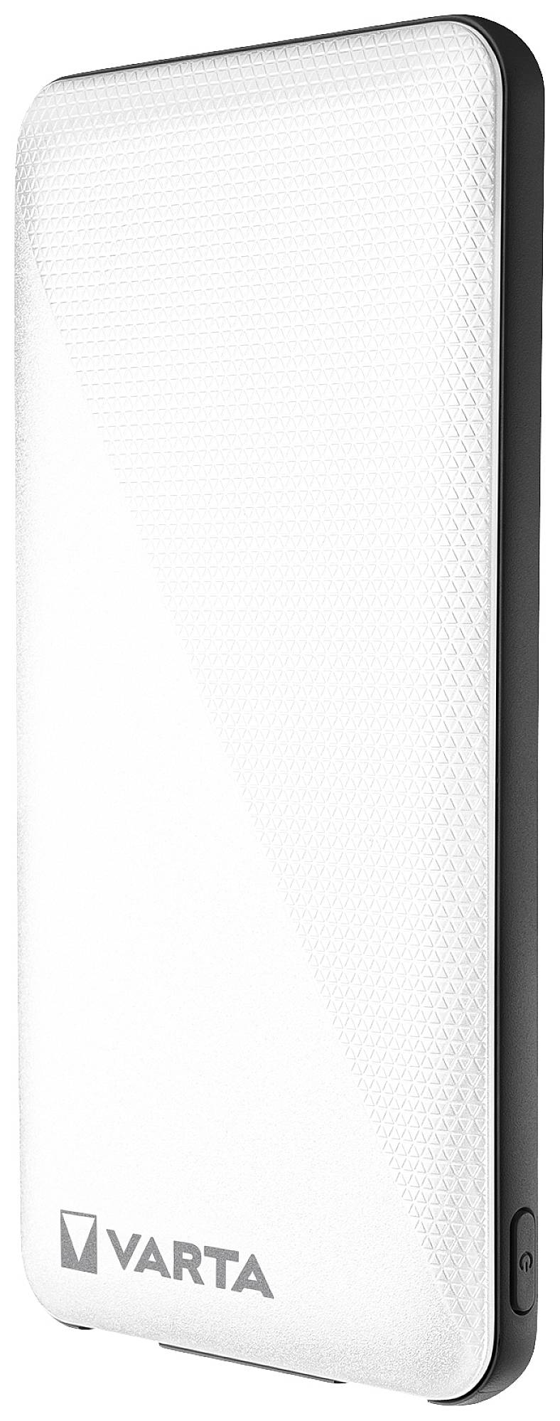 Hvid Varta powerbank med struktureret design, set fra stående vinkel.