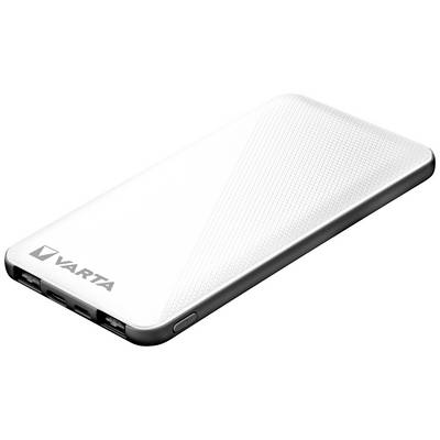 Hvid powerbank med VARTA-logo, rektangulær og slank. Den har afrundede hjørner og stik i siden.