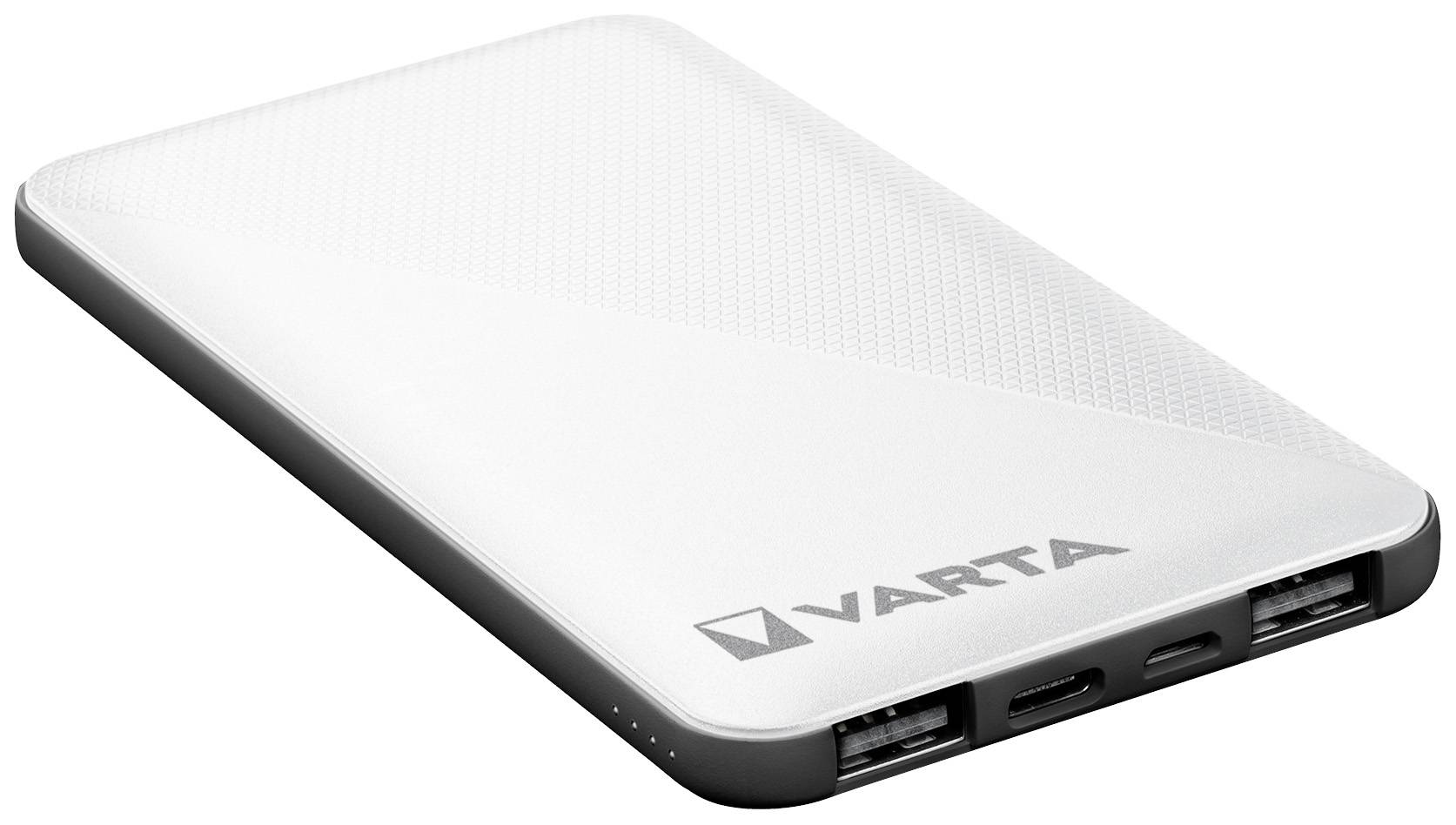 Hvid powerbank fra mærket Varta med tre stik på siden: to USB-stik og et micro-USB-stik.