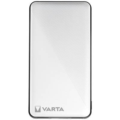 Bærbar powerbank fra Varta i hvid med struktureret overflade. Brandnavnet 'Varta' synligt i venstre nederste hjørne.