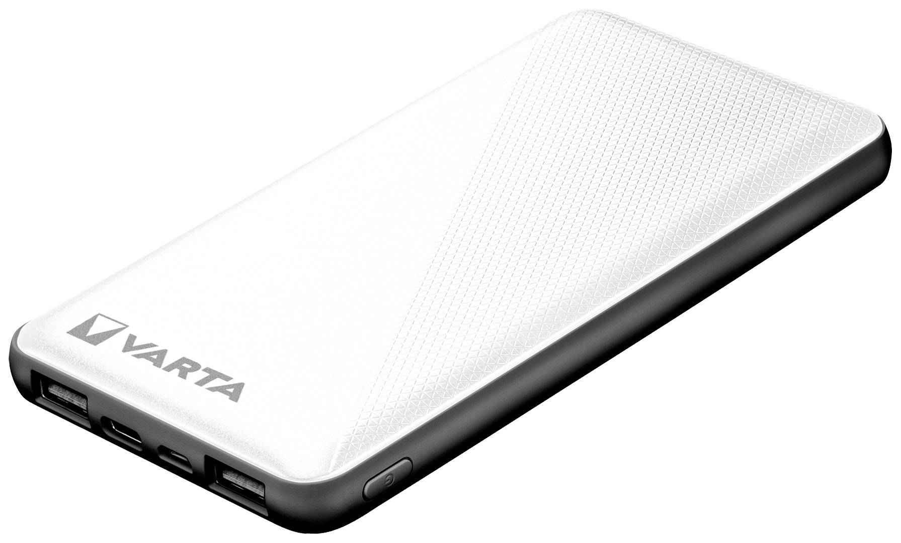 Hvid Varta powerbank med rektangulær design og to USB-porte i siden.