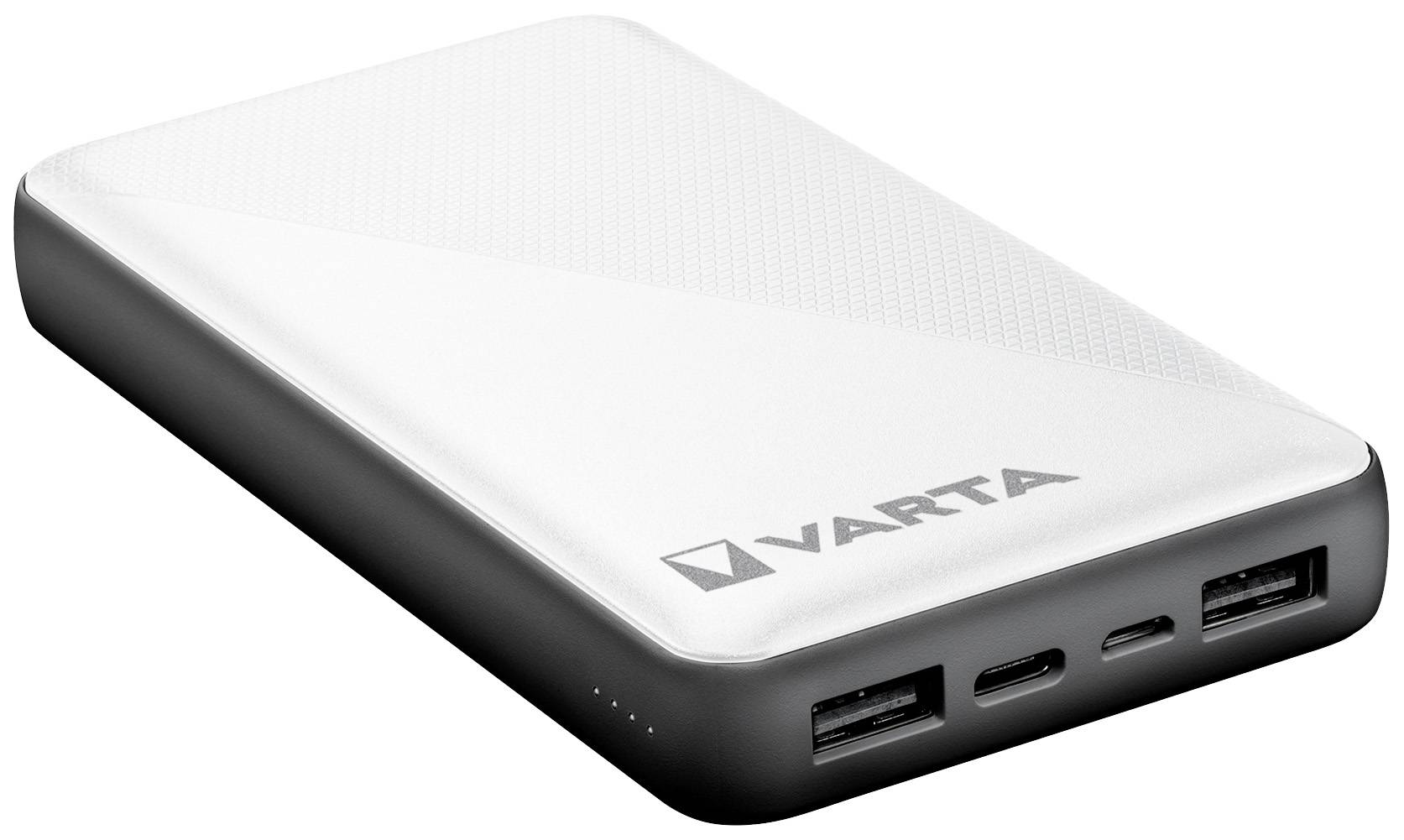 Hvid powerbank med sort kant, mærket 'Varta'. Tre USB-porte synlige på siden. Perfekt til opladning på farten.