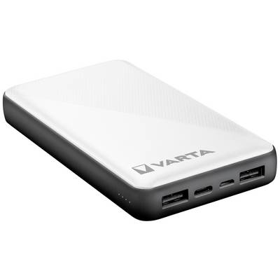 Hvid powerbank med sort kant, mærket 'Varta'. Tre USB-porte synlige på siden. Perfekt til opladning på farten.