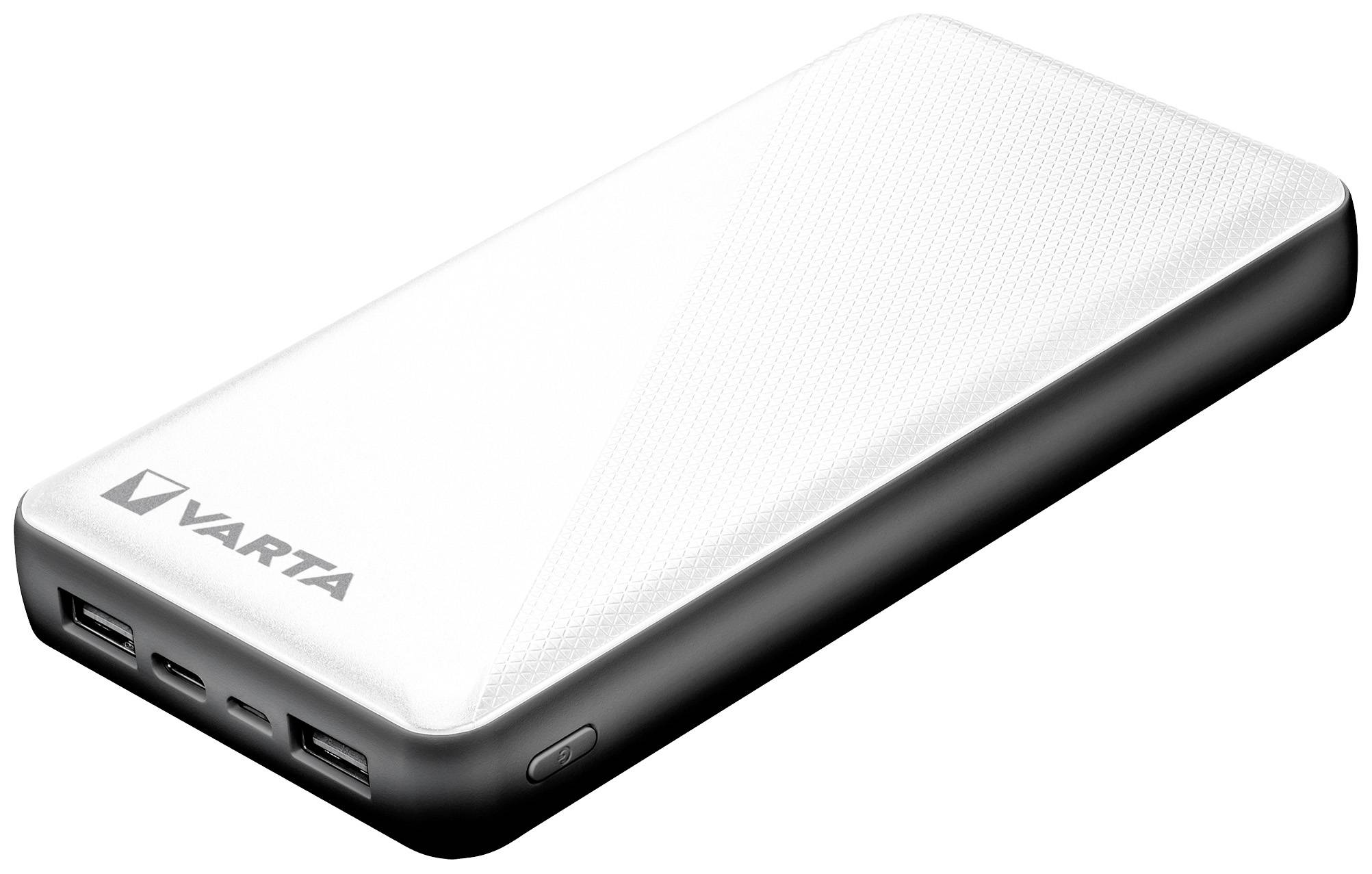 En hvid powerbank med sort kant og påskriften 'VARTA', med flere USB-porte på siden.