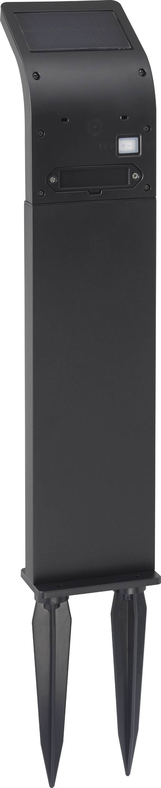 Sort solcellelampe med jordspyd, minimalistisk, velegnet til udendørs belysning i haver eller gangstier.