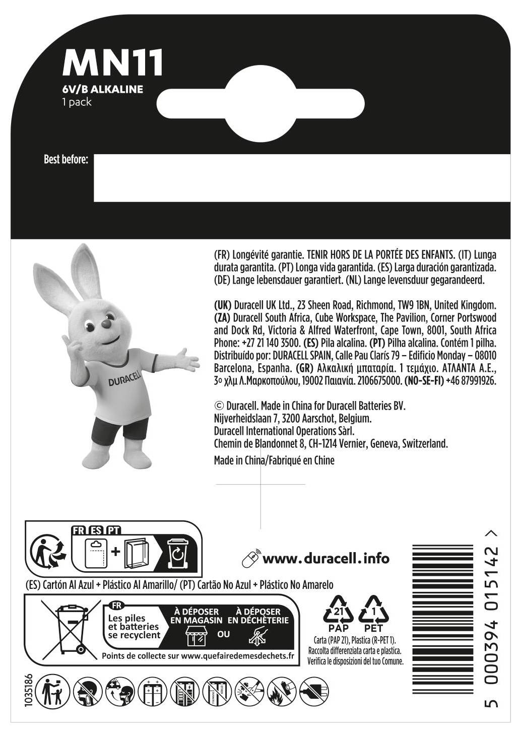 'Pakke med ét Duracell MN11 alkalisk batteri, 6V. Indeholder Duracell-kanin-billede. Advarsler og fremstillingsdetaljer indholdt.'