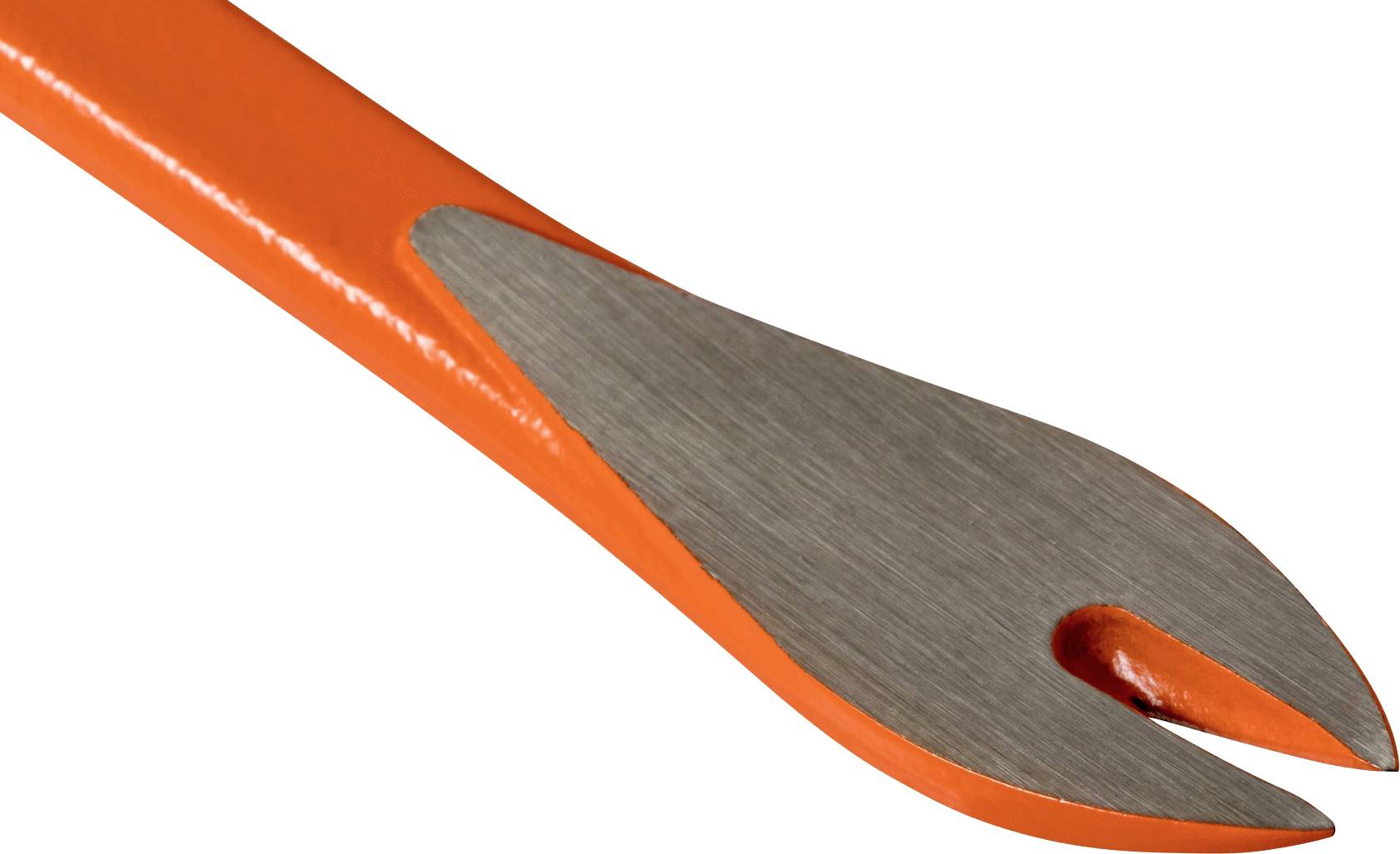 En orange koben med en flad, kløftet ende til at trække søm ud eller løfte materialer.