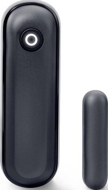 En sort, oval dørsensor med en lysende ring i midten, flankeret af en mindre, lignende sensor.