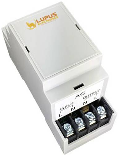 Hvidt elektrisk modul med orange 'Lupus Electronics' logo. Foroven AC-klemmer med 'Input' og 'Output' til tilslutninger.