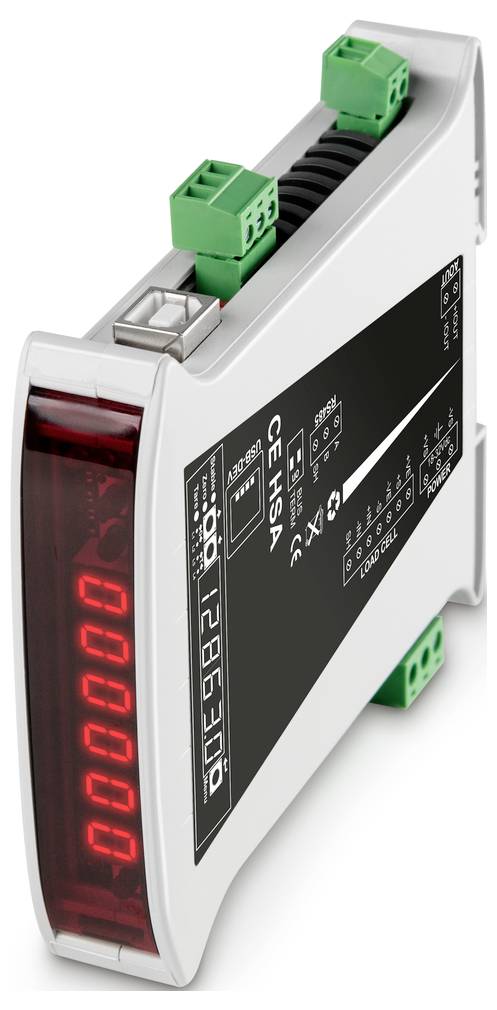 Et digitalt displayenhed med røde LED-cifre og grønne tilslutningsklemmer, bruges til måling og visning af elektriske signaler.