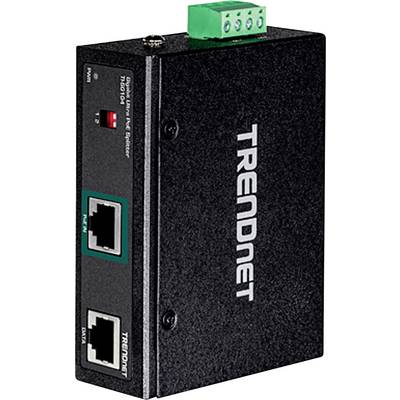 Sort PoE-injector fra TRENDnet med to Ethernet-porte og grøn strømtilslutningsklemme øverst.