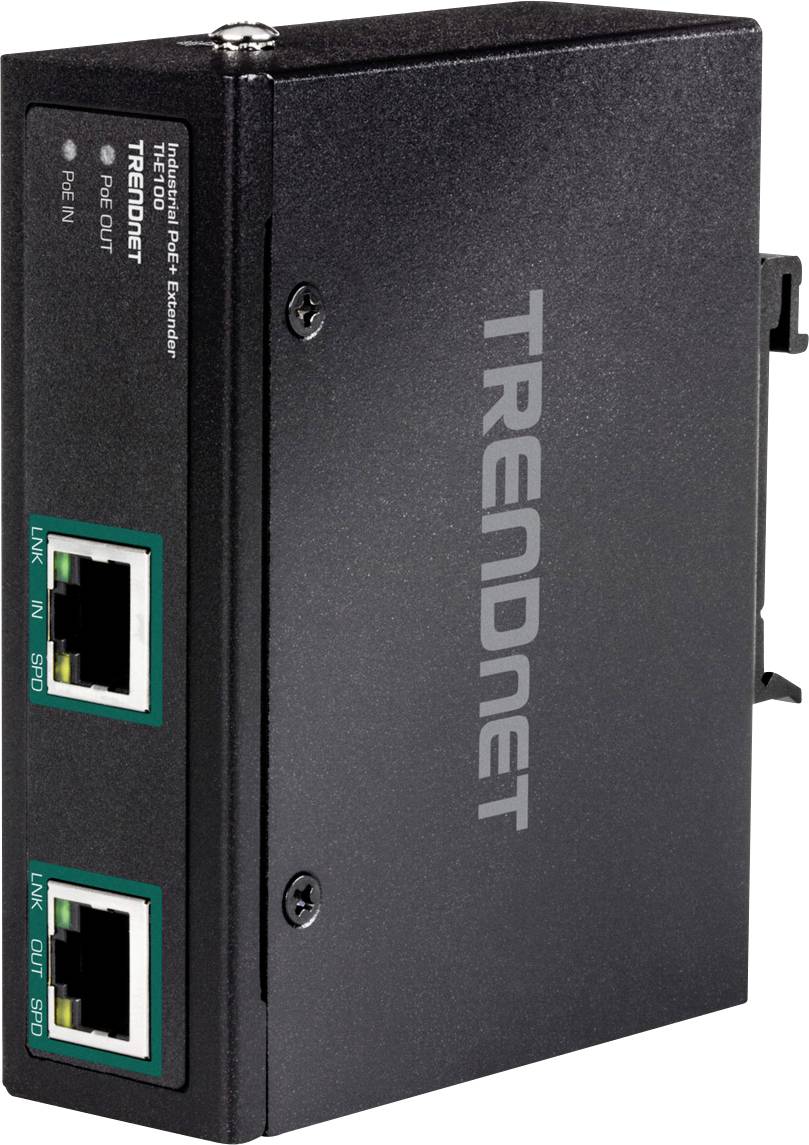 En sort TRENDnet Gigabit PoE Extender med to Ethernet-porte til forlængelse af netværksforbindelser over lange afstande.