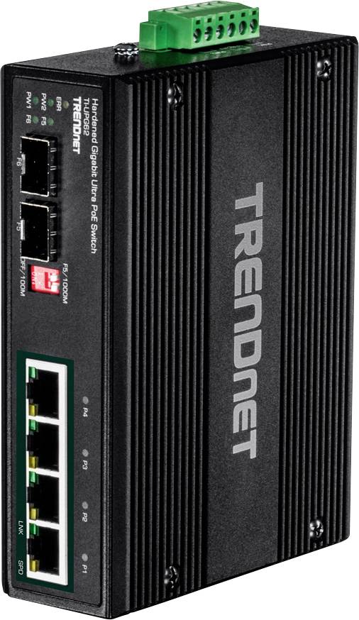 Industriel Gigabit Ethernet-switch med robust kabinet og flere netværkstilslutninger til forbindelse af enheder i barske miljøer.
