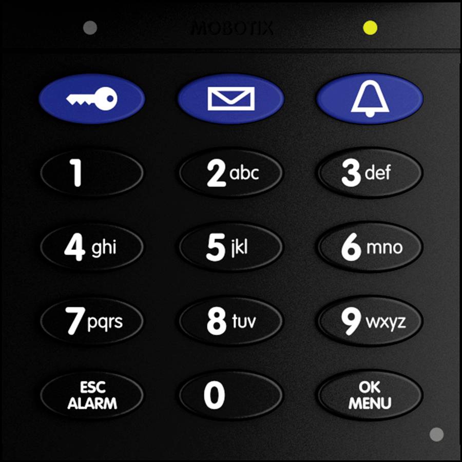 Tastatur til et sikkerhedssystem med tal fra 0-9 og symboltaster til nøgle, besked og alarm.