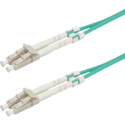 To grønne LC-LC-duplex-glasfiberkabel med hvide stik, som bruges til høhastighedsdataoverførsel i netværk.
