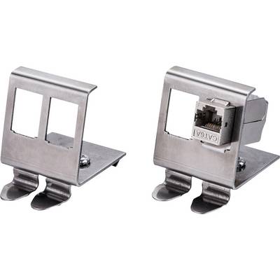 To sølvfarvede metalbeslag, et med og et uden RJ45-netværksstik. Bruges til montering af netværksstik.
