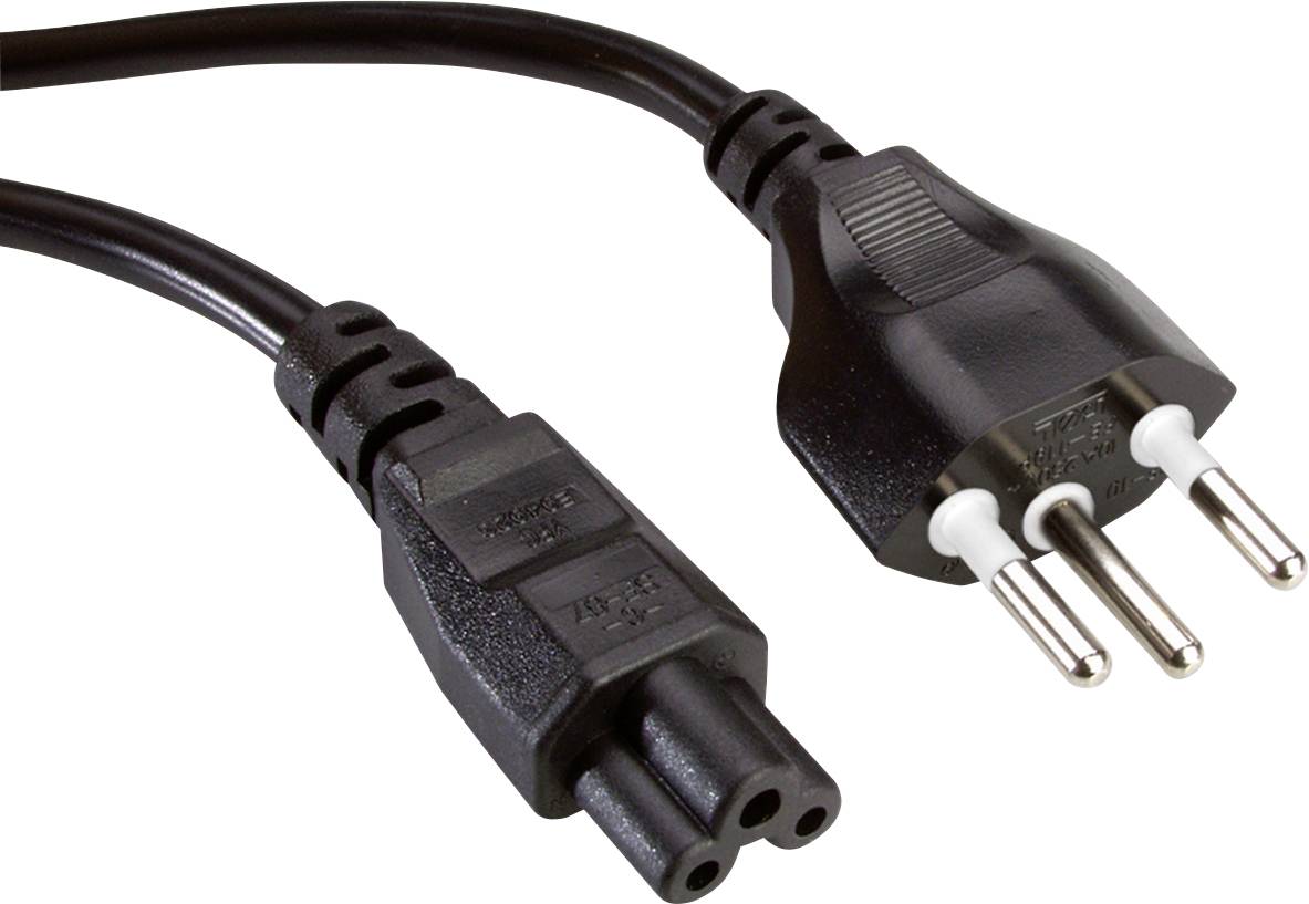 Et netværkskabel med en europæisk stik og en adapter. Stikket har tre runde metalben.