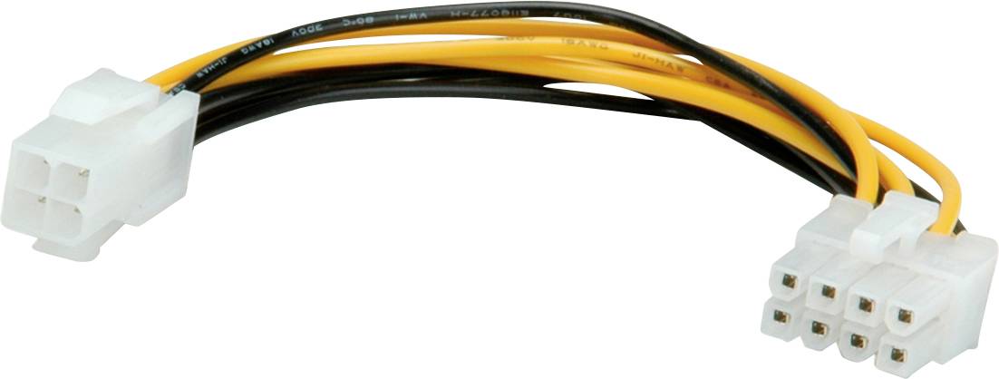 Et PC-strømadapterkabel med en 4-polet Molex-stik på venstre side og et 8-polet EPS-stik på højre side.