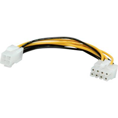 Et PC-strømadapterkabel med en 4-polet Molex-stik på venstre side og et 8-polet EPS-stik på højre side.