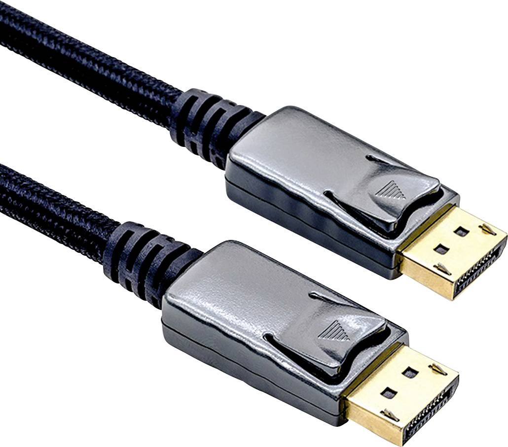Et sort DisplayPort-kabel med to sølvfarvede stik og sort kappe. Egnet til tilslutning af skærme til computere.