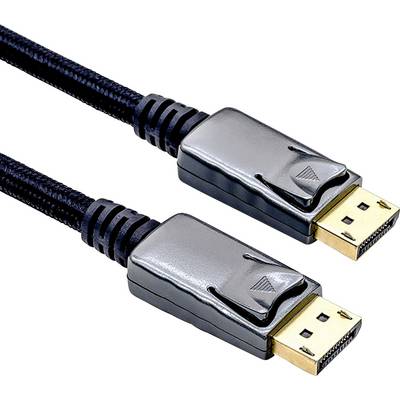Et sort DisplayPort-kabel med to sølvfarvede stik og sort kappe. Egnet til tilslutning af skærme til computere.