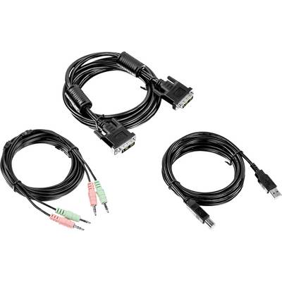 Tre forskellige kabler: Et VGA-kabel med stik i begge ender, et USB-kabel med USB-stik og et lydkabel med lyserøde og grønne stik.